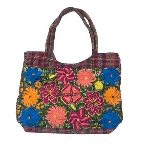 Embroidered Floral Madras Plaid Tote shoulder Bag Purse boho hippie